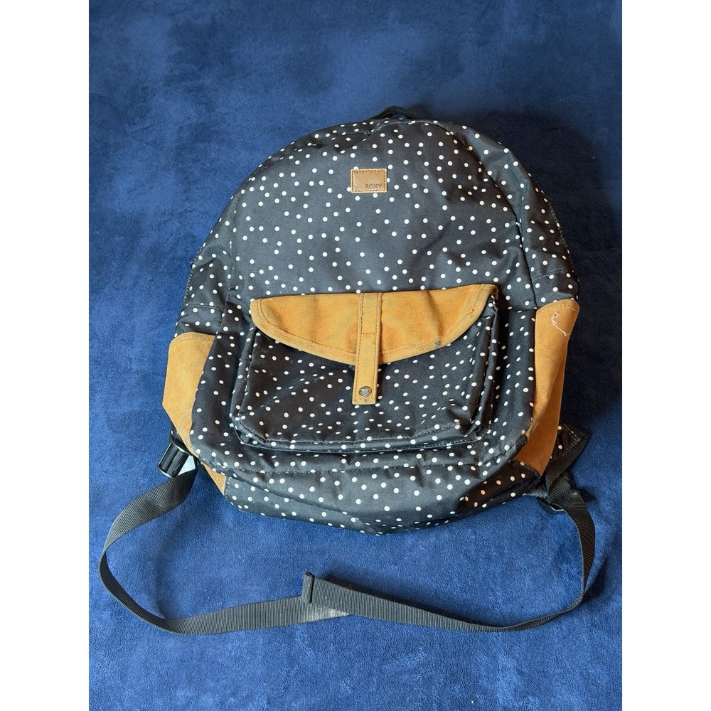 Roxy Caribbean Backpack Black Polka Dot Faux Suede Pockets Womens Bag